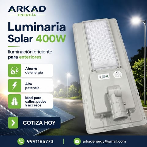 ARKAD Energia 400W solar street light product advertisement showing white rectangular fixture with energy savings, high power, and outdoor use benefits listed