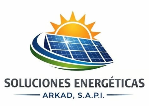 Logo for Soluciones Energéticas Arkad, featuring a sun and solar panel with curved green and blue elements